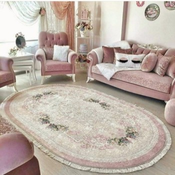 فرش پارچه ای مدل بیضی کد W1 زمینه صورتی